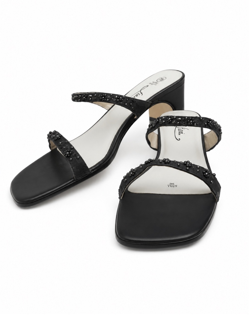 Vintage 90s FIONI Black Beaded Strappy Mid-Heel Sandals – Size 7 Wide *Flaw